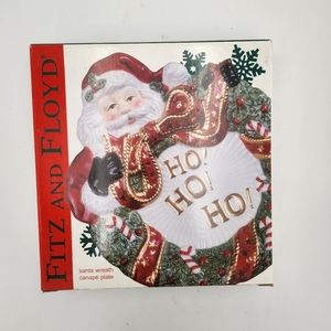 NWT 2002 Fitz & Floyd Candy Cane Santa with Wreath HO HO HO Plate Dish Wall Hang